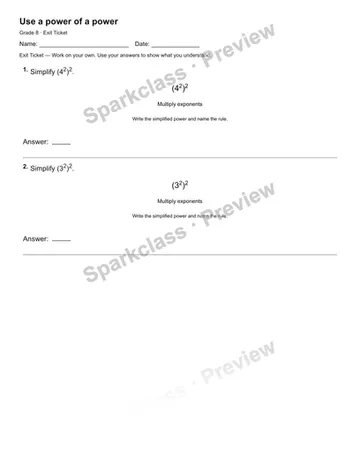 Use a power of a power — Exit Ticket — Grade 8 worksheet preview