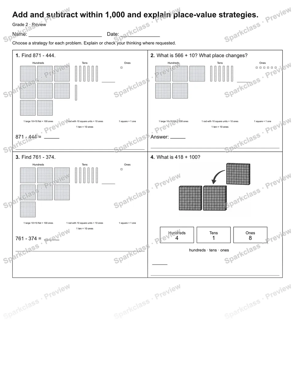 Add and subtract within 1,000 and explain place-value strategies. — Review — page 1
