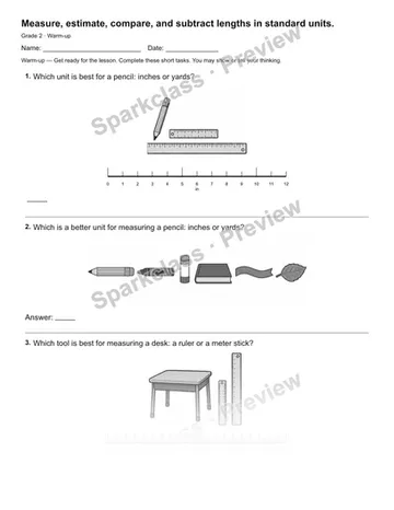 Measure, estimate, compare, and subtract lengths in standard units. — Warm-up — Grade 2 worksheet preview