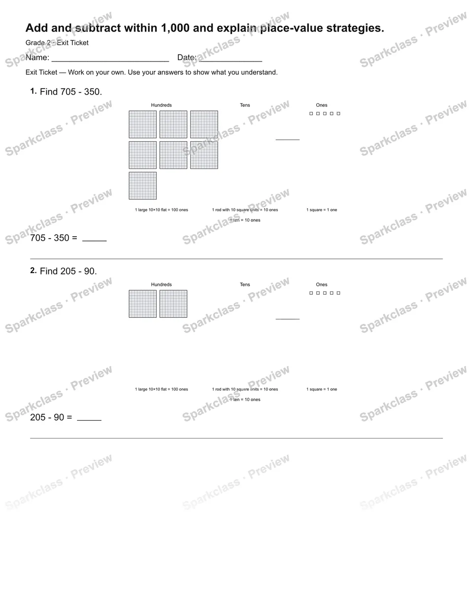 Add and subtract within 1,000 and explain place-value strategies. — Exit Ticket — page 1