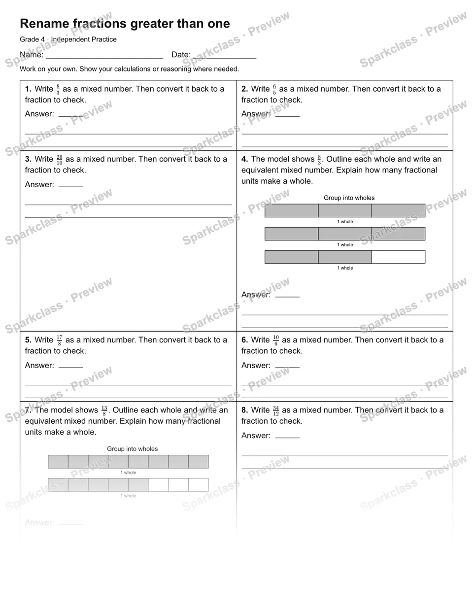 Rename fractions greater than one — Independent Practice — page 1