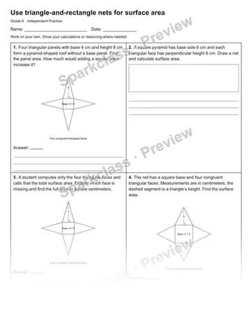 Use triangle-and-rectangle nets for surface area — Independent Practice — Grade 6 worksheet preview