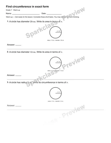 Find circumference in exact form — Warm-up — Grade 7 worksheet preview