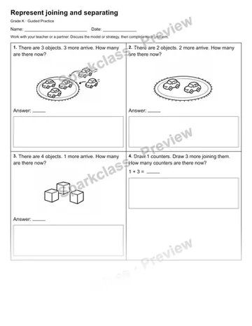 Represent joining and separating — Guided Practice — Kindergarten worksheet preview