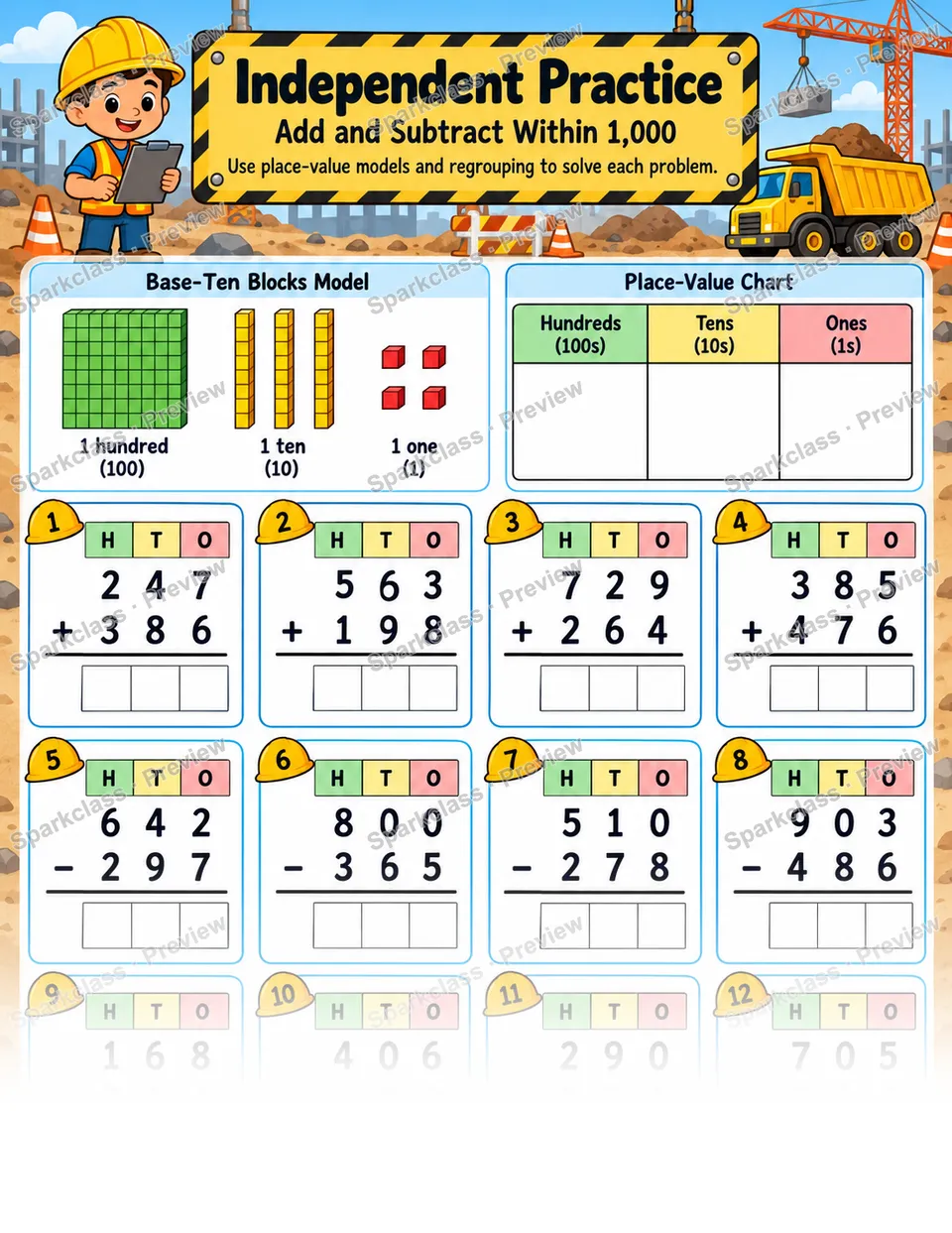 Construction Site · Three-Digit Addition and Subtraction — page 1