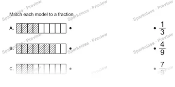 Match each model to a fraction. A. B. C. 1/3 4/9 7/9 — Grade 5 problem preview