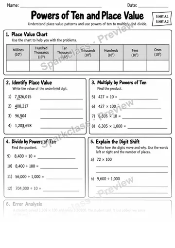 1 2 Powers Ten Place Value — Grade 5 worksheet preview