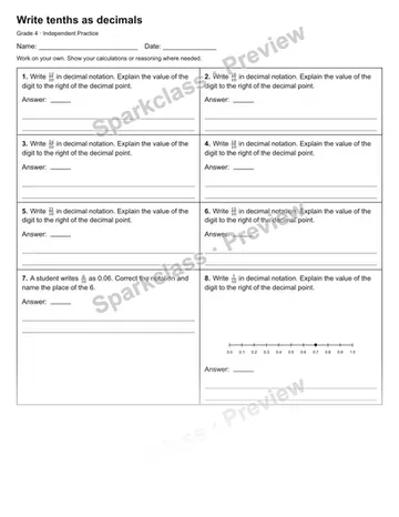 Write tenths as decimals — Independent Practice — Grade 4 worksheet preview