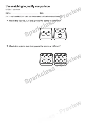 Use matching to justify comparison — Exit Ticket — Kindergarten worksheet preview