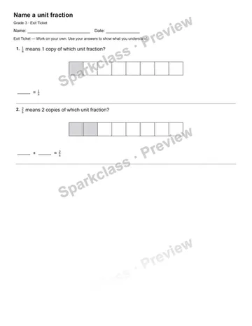 Name a unit fraction — Exit Ticket — Grade 3 worksheet preview
