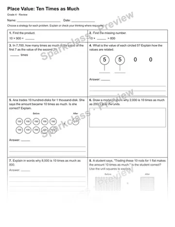 Place Value: Ten Times as Much — Review — Grade 4 worksheet preview