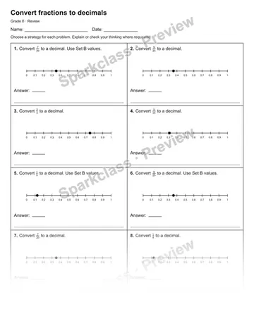 Convert fractions to decimals — Review — Grade 8 worksheet preview