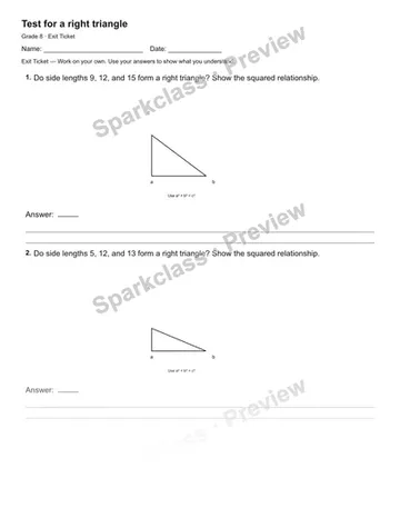 Test for a right triangle — Exit Ticket — Grade 8 worksheet preview