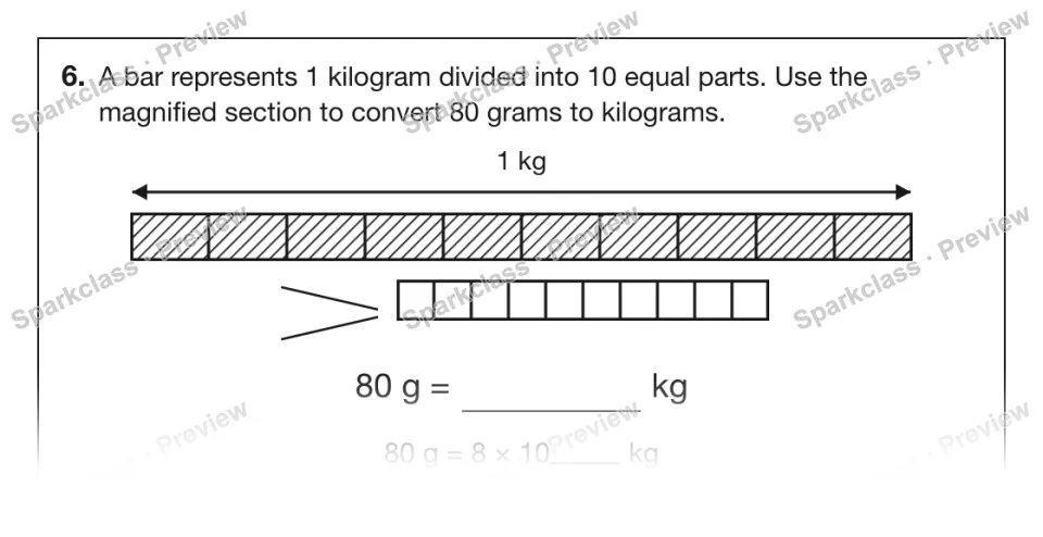 6. A bar represents 1 kilogram divided into 10 equal parts. Use the magnified section to convert 80 grams to kilograms. 1 kg 80 g = kg 80 g = 8 × 10 kg — page 1