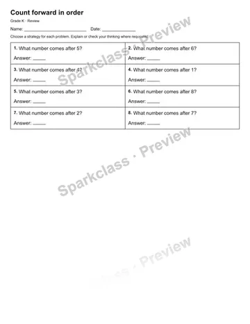 Count forward in order — Review — Kindergarten worksheet preview