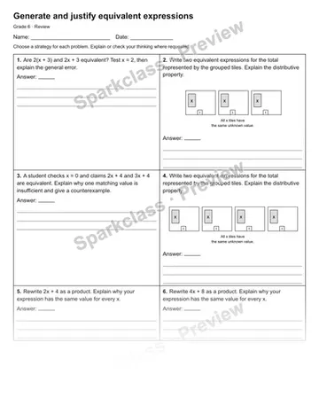 Generate and justify equivalent expressions — Review — Grade 6 worksheet preview