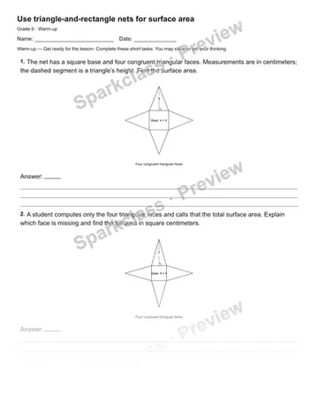 Use triangle-and-rectangle nets for surface area — Warm-up — Grade 6 worksheet preview
