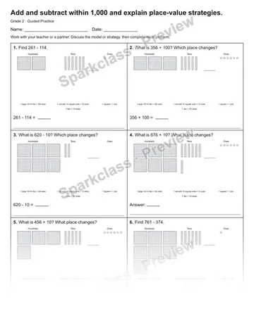 Add and subtract within 1,000 and explain place-value strategies. — Guided Practice — Grade 2 worksheet preview