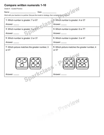 Compare written numerals 1-10 — Guided Practice — Kindergarten worksheet preview