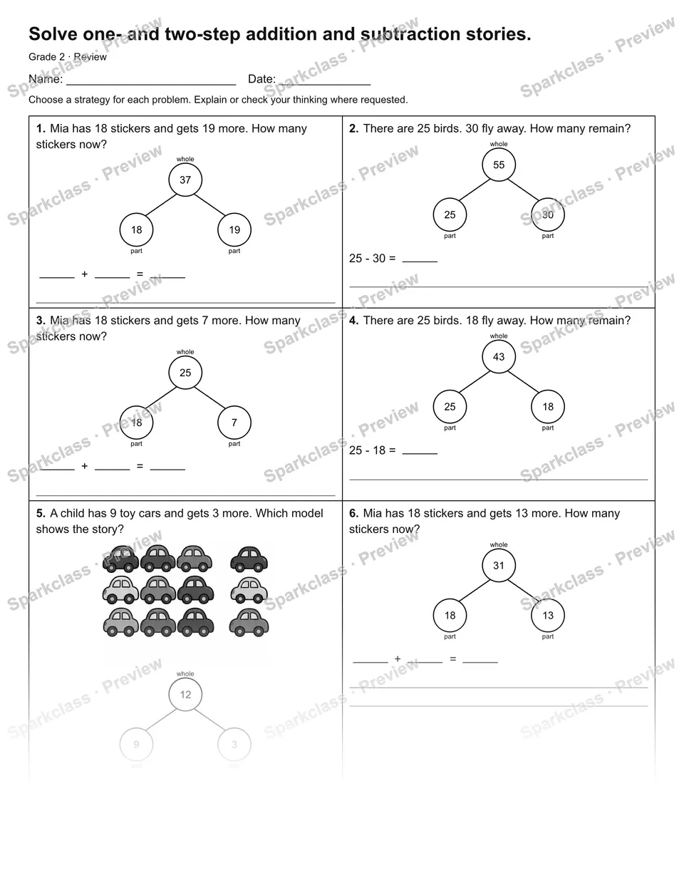 Solve one- and two-step addition and subtraction stories. — Review — page 1