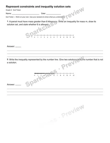 Represent constraints and inequality solution sets — Exit Ticket — Grade 6 worksheet preview