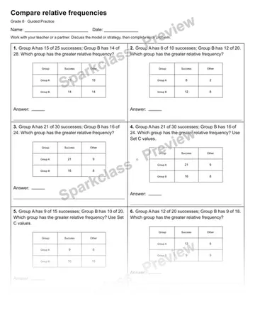 Compare relative frequencies — Guided Practice — Grade 8 worksheet preview