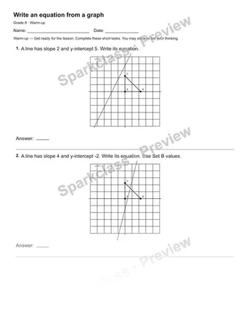 Write an equation from a graph — Warm-up — Grade 8 worksheet preview