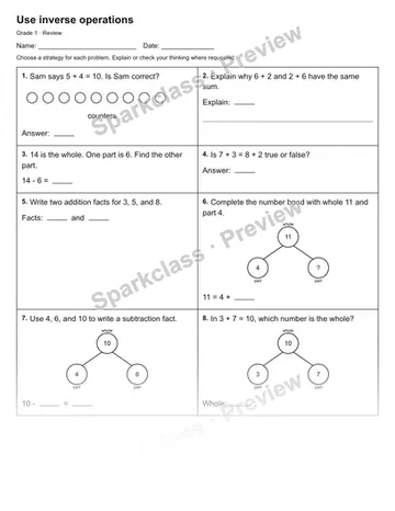Use inverse operations — Review — Grade 1 worksheet preview