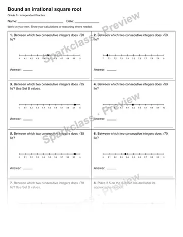 Bound an irrational square root — Independent Practice — Grade 8 worksheet preview
