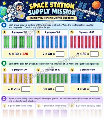 Space Station · Multiply by Tens — Grade 3 worksheet preview
