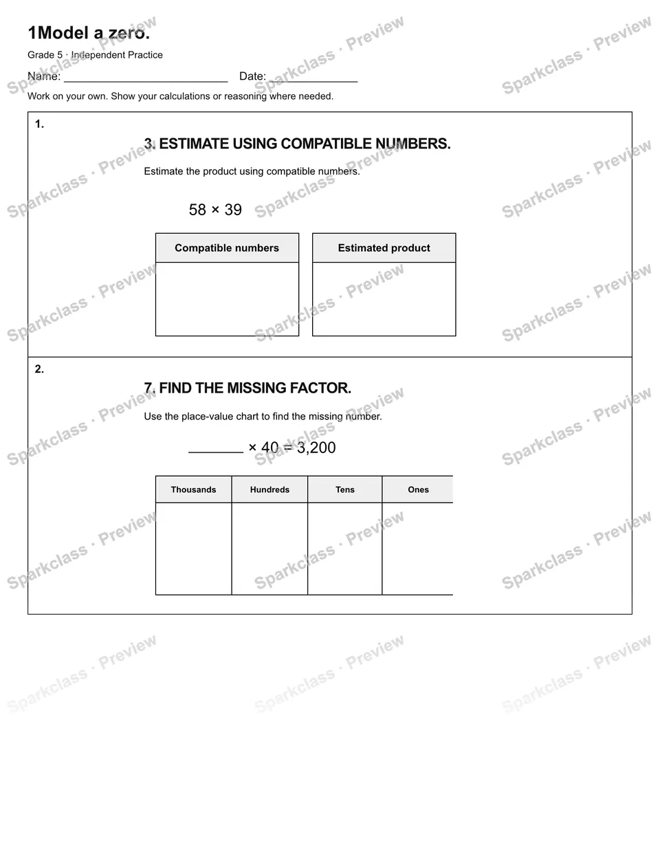 1Model a zero. — Independent Practice — page 1