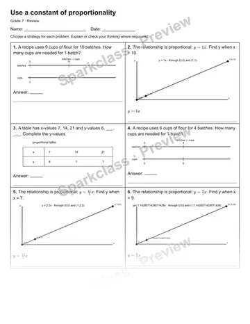 Use a constant of proportionality — Review — Grade 7 worksheet preview