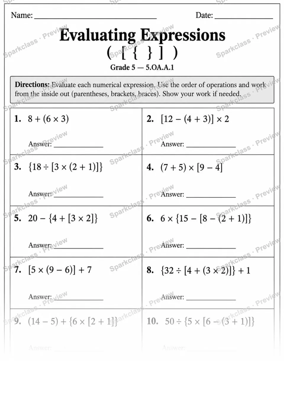 5.OA.A.1 · 1 Parentheses Expressions Variant 01 Lowcoverage — page 1