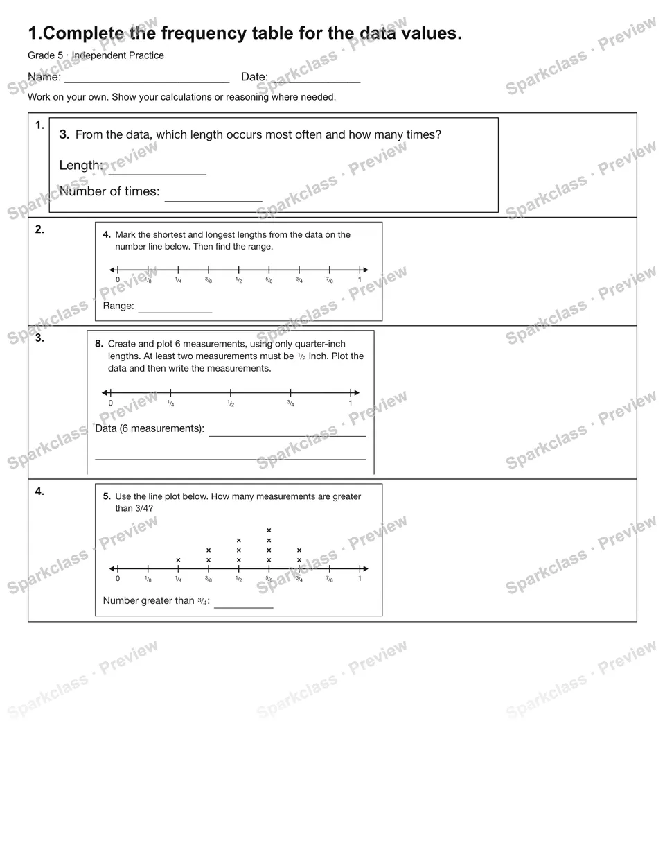 1.Complete the frequency table for the data values. — Independent Practice — page 1