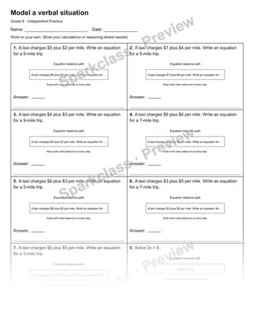 Model a verbal situation — Independent Practice — Grade 8 worksheet preview