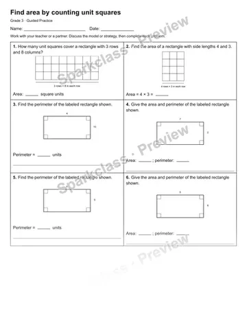 Find area by counting unit squares — Guided Practice — Grade 3 worksheet preview