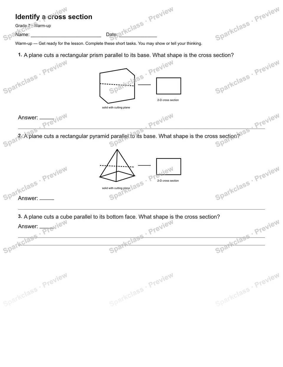 Identify a cross section — Warm-up — page 1