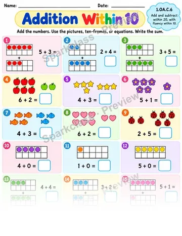 Addition Fluency Within Ten — Grade 1 worksheet preview