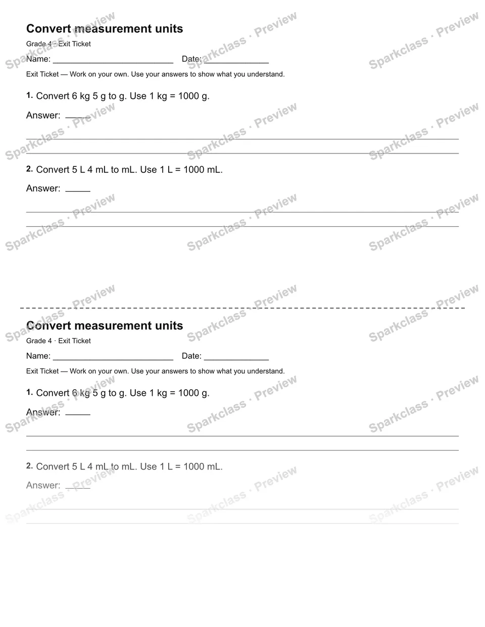 Convert measurement units — Exit Ticket — page 1