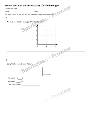 Write x and y on the correct axes. Circle the origin. — Exit Ticket — Grade 5 worksheet preview