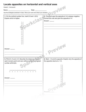 Locate opposites on horizontal and vertical axes — Homework — Grade 6 worksheet preview