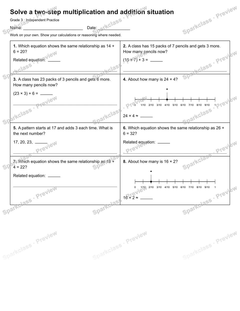 Solve a two-step multiplication and addition situation — Independent Practice — page 1