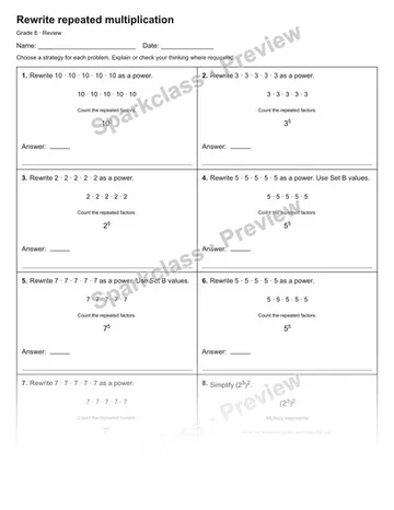 Rewrite repeated multiplication — Review — Grade 8 worksheet preview