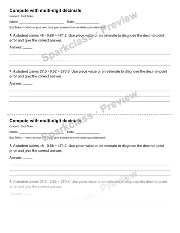 Compute with multi-digit decimals — Exit Ticket — Grade 6 worksheet preview