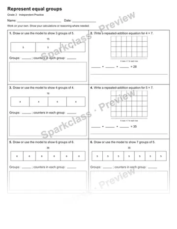 Represent equal groups — Independent Practice — Grade 3 worksheet preview