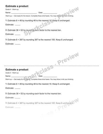 Estimate a product — Warm-up — Grade 4 worksheet preview