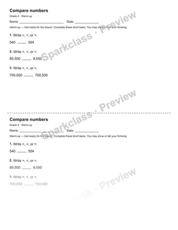 Compare numbers — Warm-up — Grade 4 worksheet preview