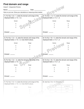 Find domain and range — Independent Practice — Grade 8 worksheet preview