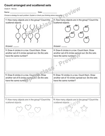 Count arranged and scattered sets — Review — Kindergarten worksheet preview