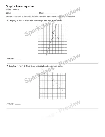 Graph a linear equation — Warm-up — Grade 8 worksheet preview